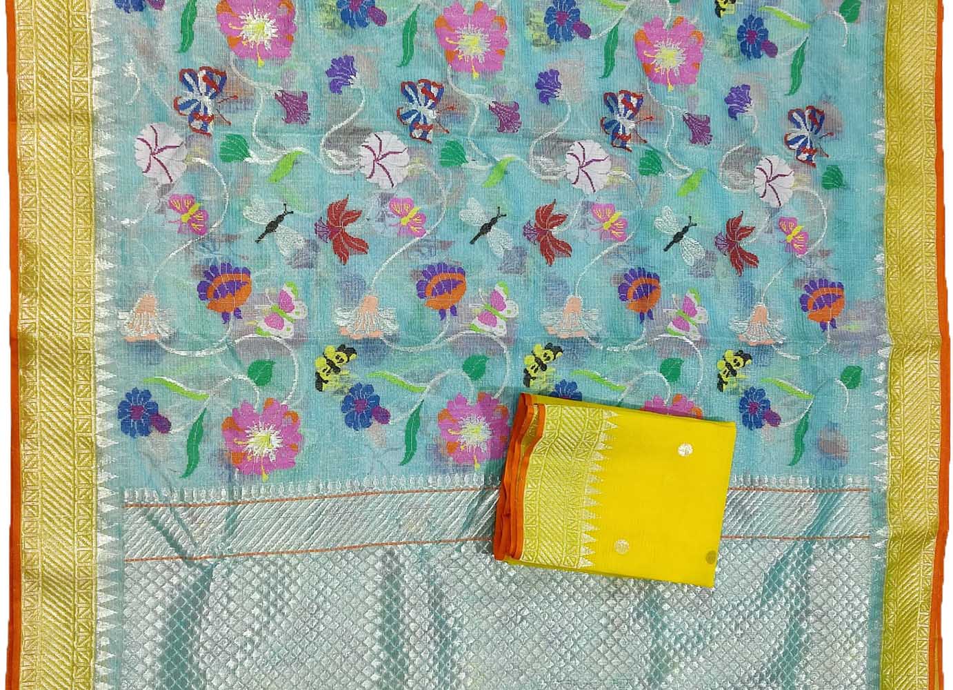 Blue Handloom Kota Doria Tissue Silk Real Zari Bird Design Saree - Luxurion World