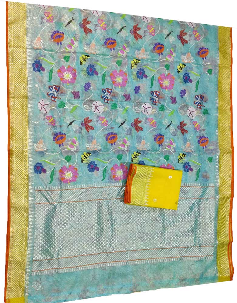 Blue Handloom Kota Doria Tissue Silk Real Zari Bird Design Saree - Luxurion World