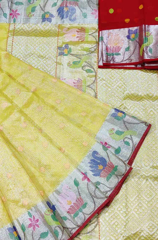 Yellow Handloom Kota Doria Tissue Silk Real Zari Bird And Floral Design Saree