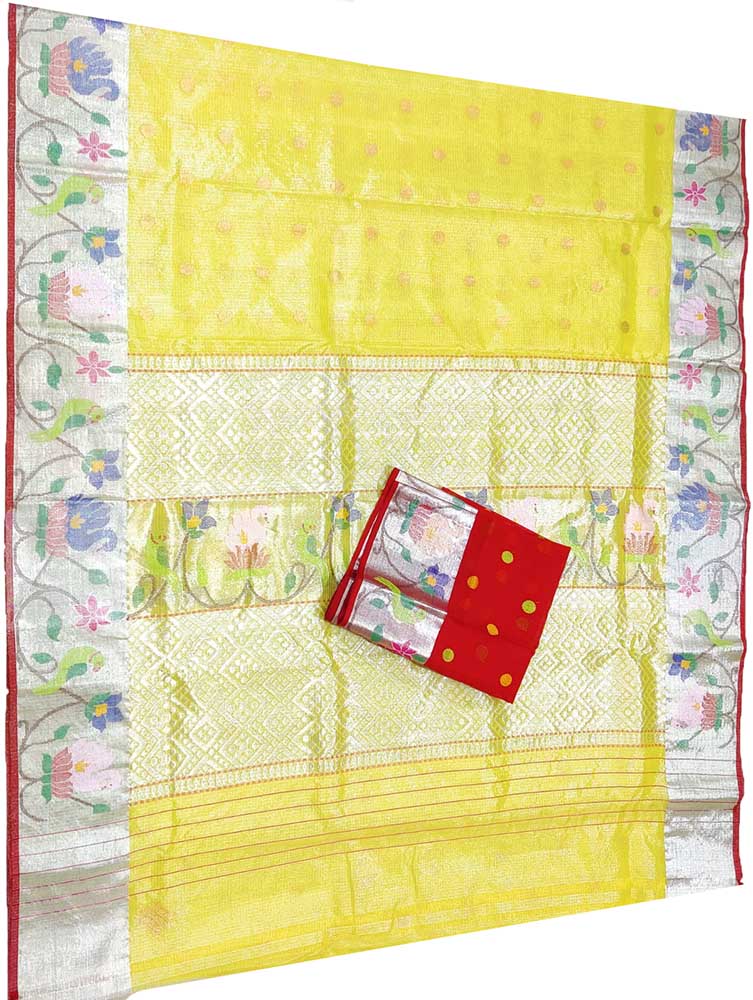 Yellow Handloom Kota Doria Tissue Silk Real Zari Bird And Floral Design Saree - Luxurion World