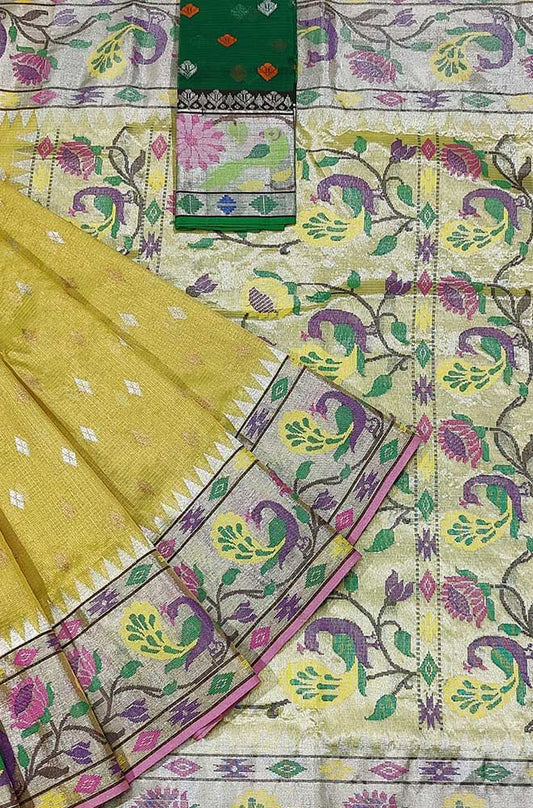 Yellow Handloom Kota Doria Tissue Silk Real Zari Bird And Floral Design Saree