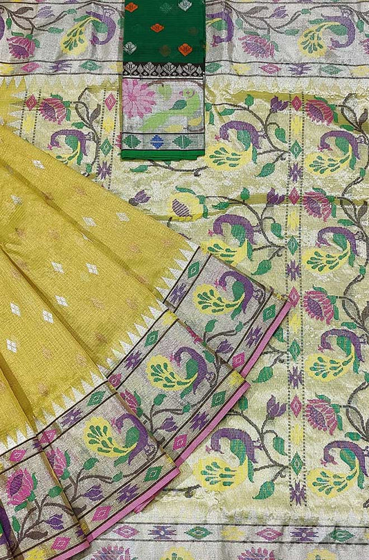 Yellow Handloom Kota Doria Tissue Silk Real Zari Bird And Floral Design Saree - Luxurion World