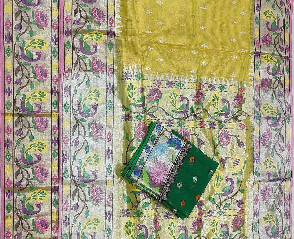 Yellow Handloom Kota Doria Tissue Silk Real Zari Bird And Floral Design Saree - Luxurion World