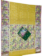 Yellow Handloom Kota Doria Tissue Silk Real Zari Bird And Floral Design Saree - Luxurion World