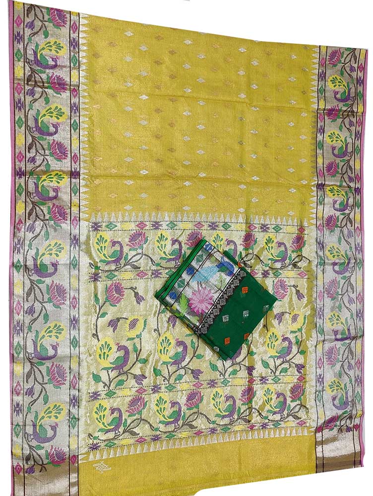 Yellow Handloom Kota Doria Tissue Silk Real Zari Bird And Floral Design Saree - Luxurion World