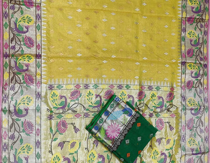 Yellow Handloom Kota Doria Tissue Silk Real Zari Bird And Floral Design Saree - Luxurion World