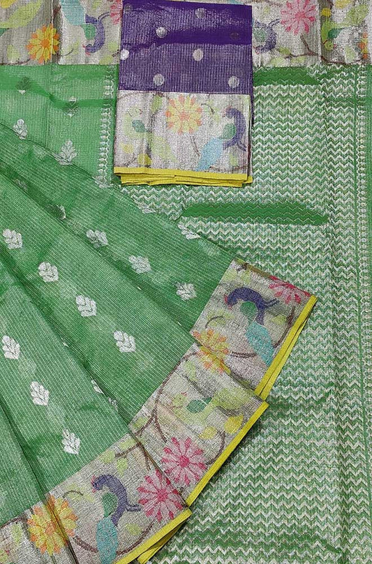 Green Handloom Kota Doria Tissue Silk Real Zari Bird And Floral Design Saree