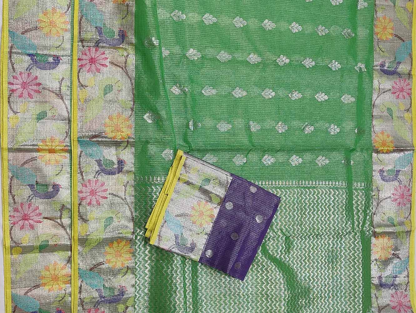 Green Handloom Kota Doria Tissue Silk Real Zari Bird And Floral Design Saree - Luxurion World