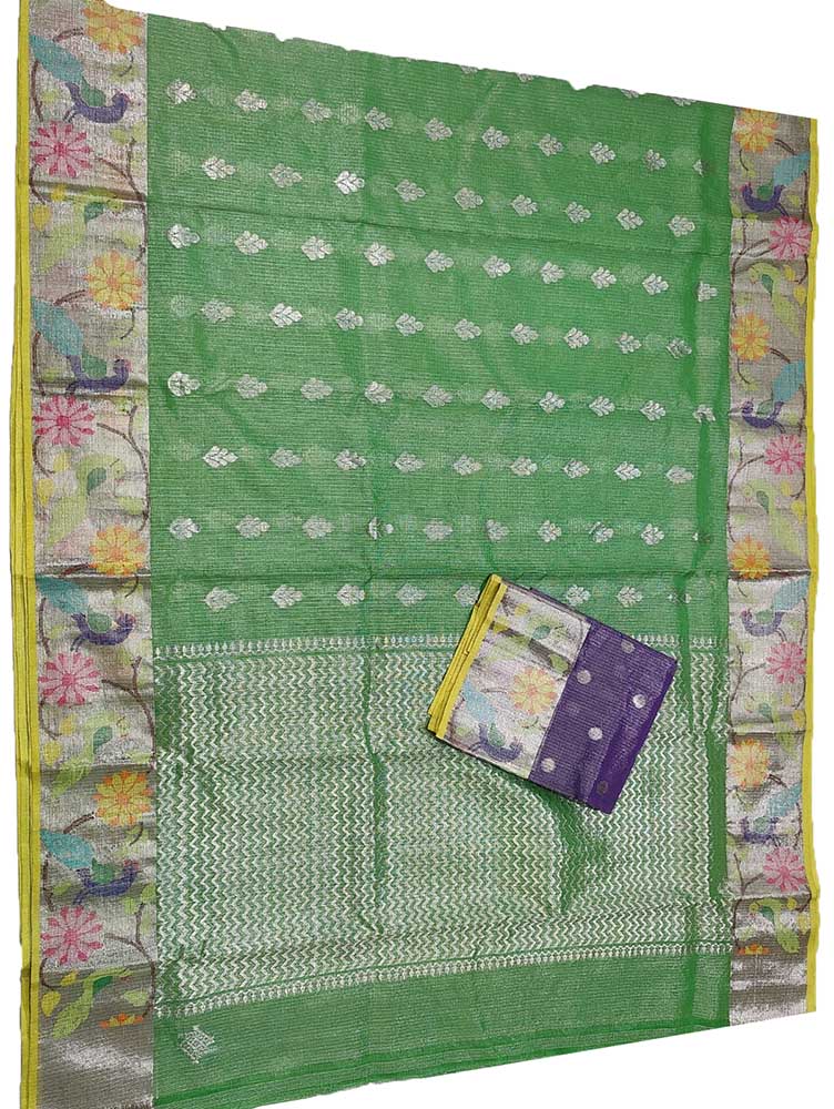 Green Handloom Kota Doria Tissue Silk Real Zari Bird And Floral Design Saree - Luxurion World