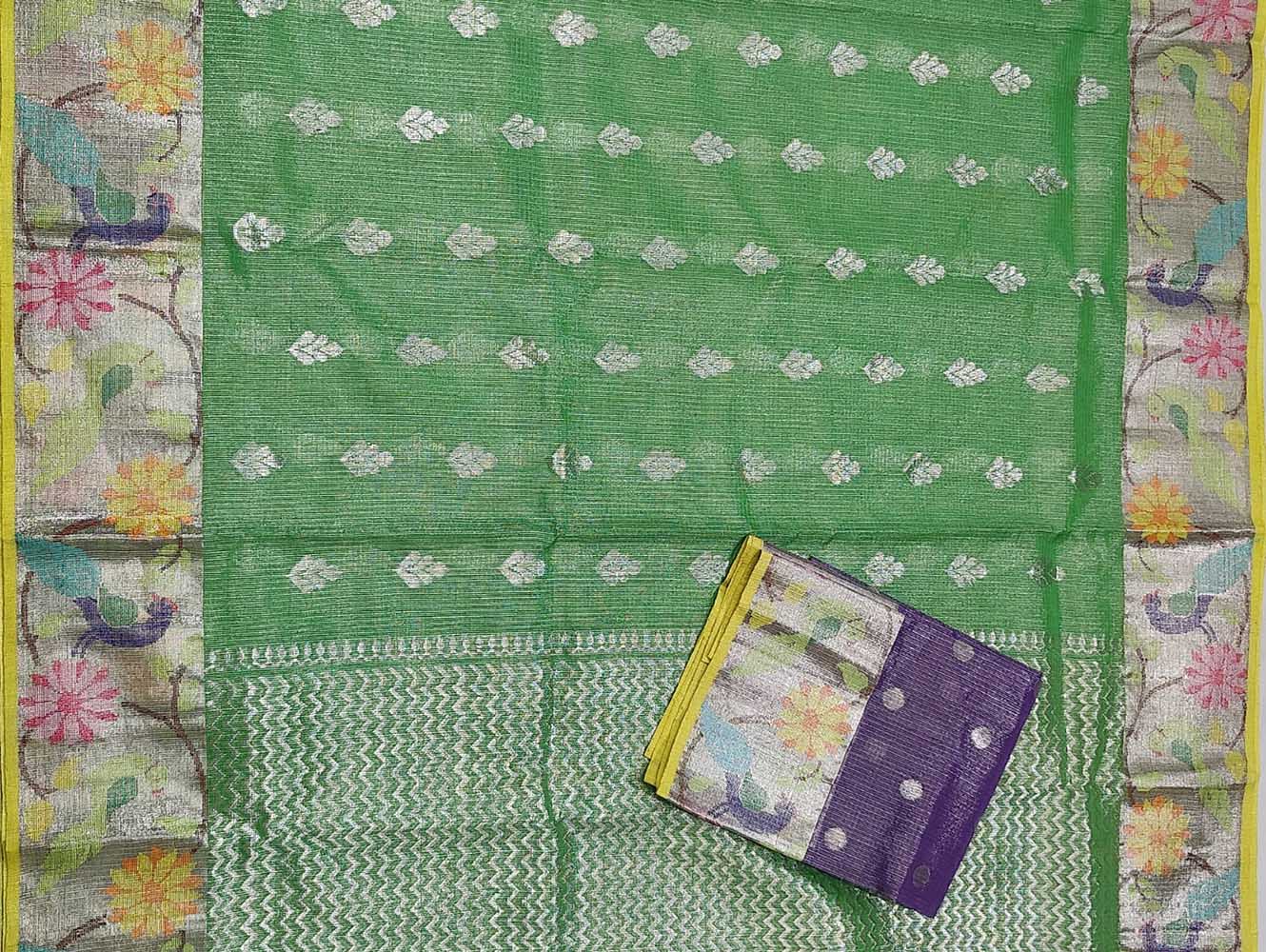 Green Handloom Kota Doria Tissue Silk Real Zari Bird And Floral Design Saree - Luxurion World