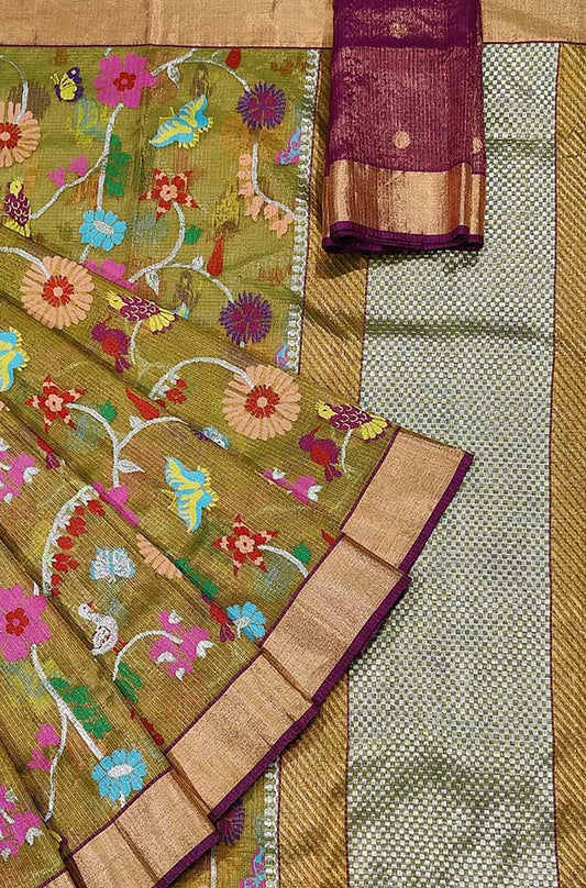 Green Handloom Kota Doria Tissue Silk Real Zari Bird And Floral Design Saree - Luxurion World