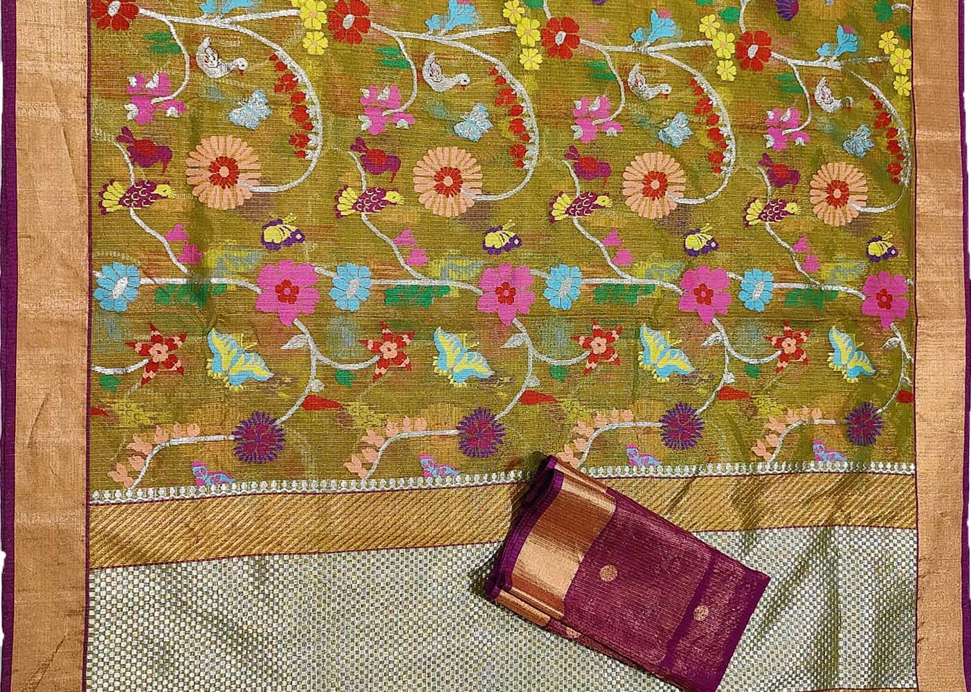 Green Handloom Kota Doria Tissue Silk Real Zari Bird And Floral Design Saree - Luxurion World