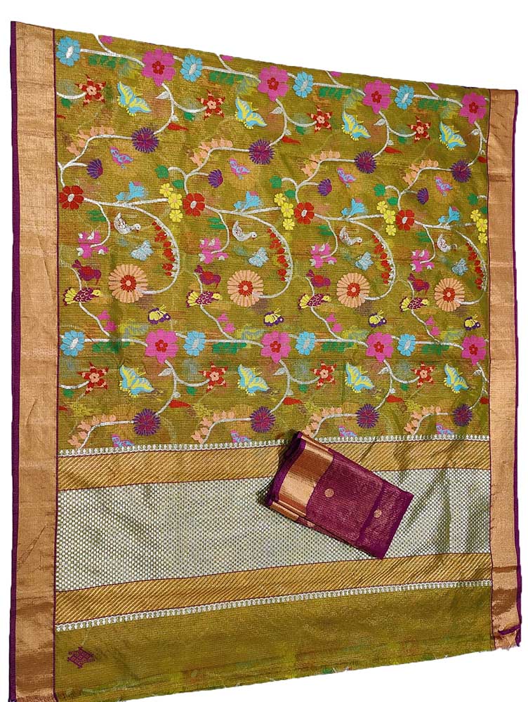 Green Handloom Kota Doria Tissue Silk Real Zari Bird And Floral Design Saree - Luxurion World