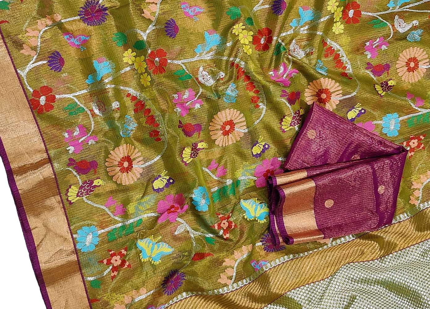 Green Handloom Kota Doria Tissue Silk Real Zari Bird And Floral Design Saree - Luxurion World