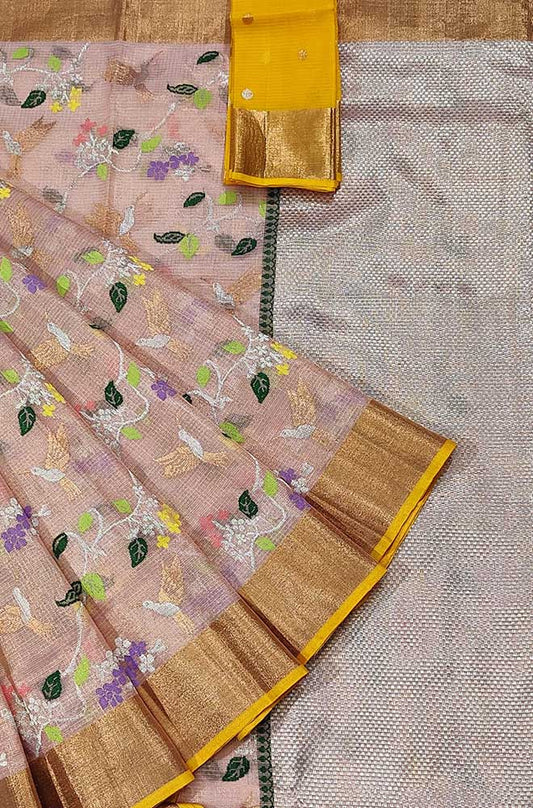 Pink Handloom Kota Doria Tissue Silk Real Zari Bird And Floral Design Saree