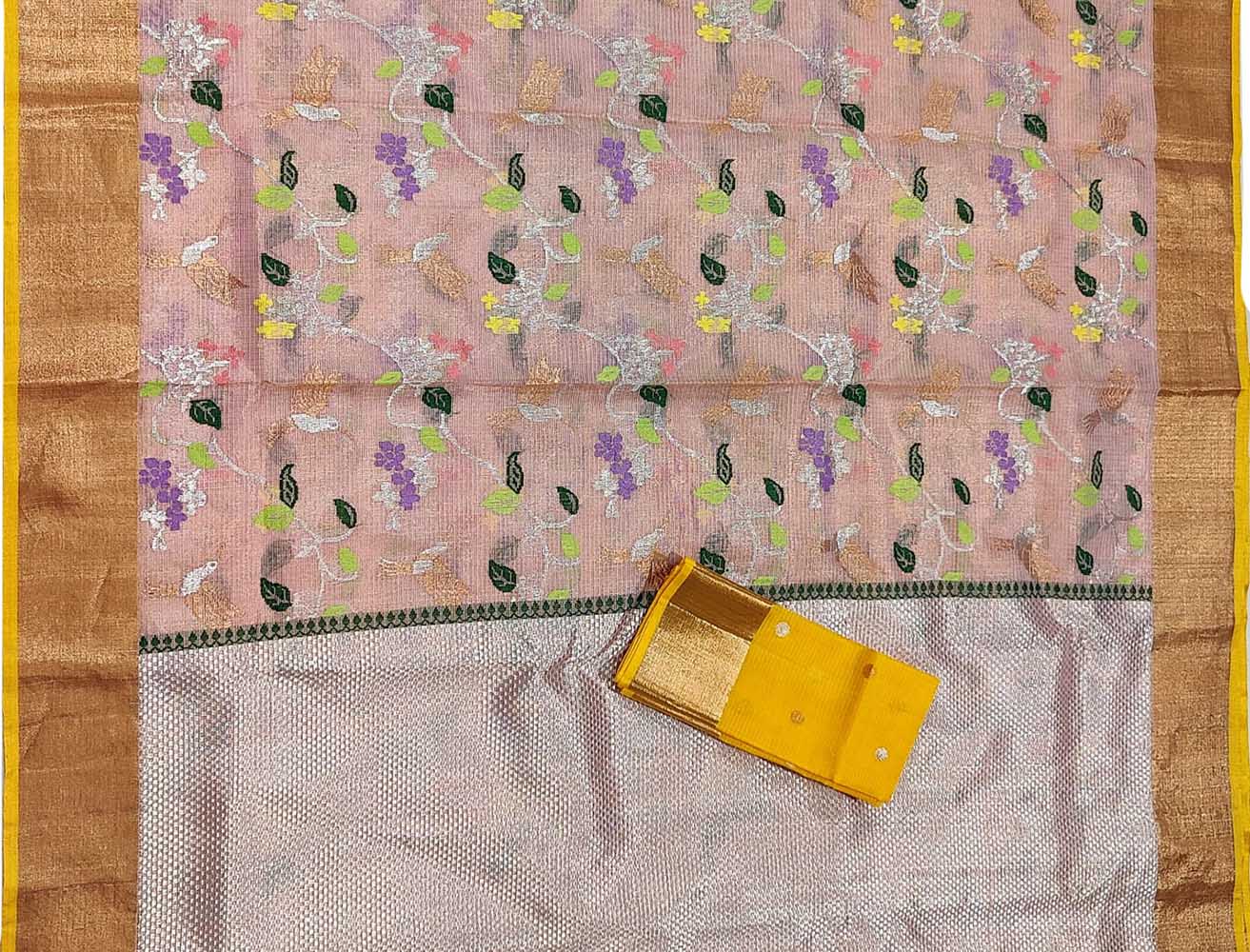 Pink Handloom Kota Doria Tissue Silk Real Zari Bird And Floral Design Saree - Luxurion World
