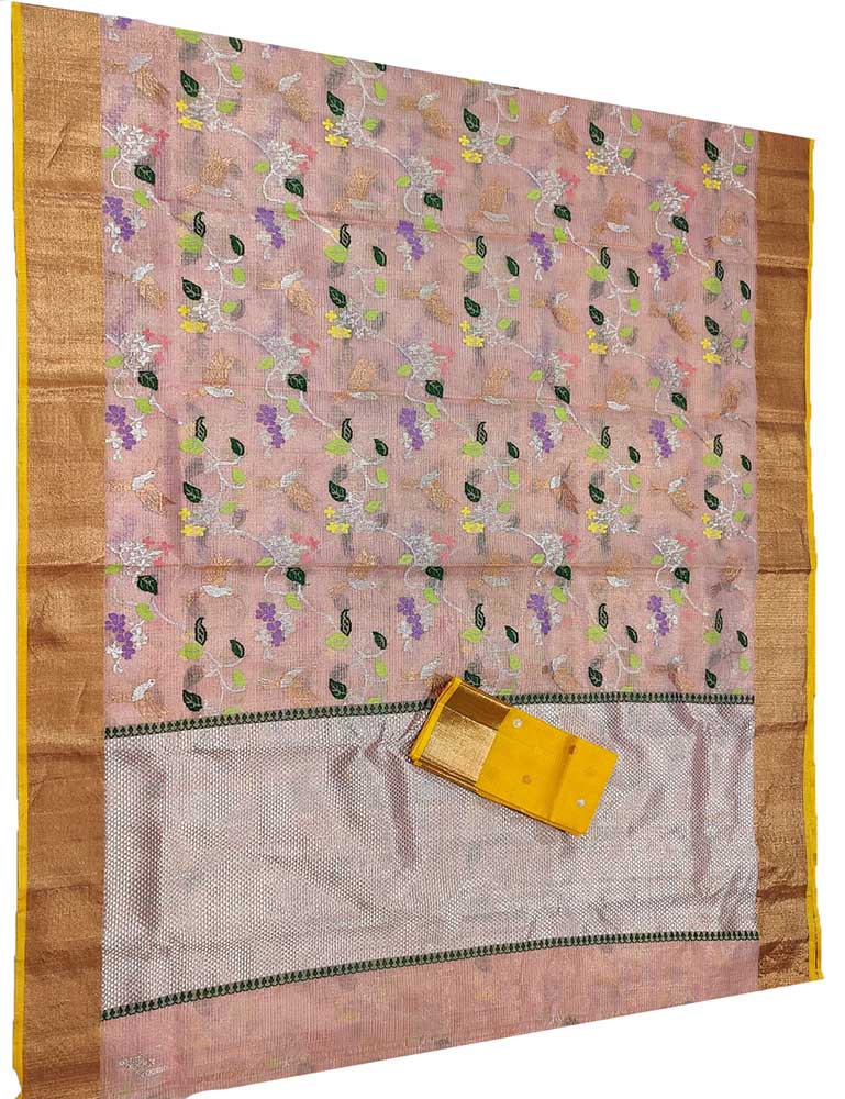 Pink Handloom Kota Doria Tissue Silk Real Zari Bird And Floral Design Saree - Luxurion World