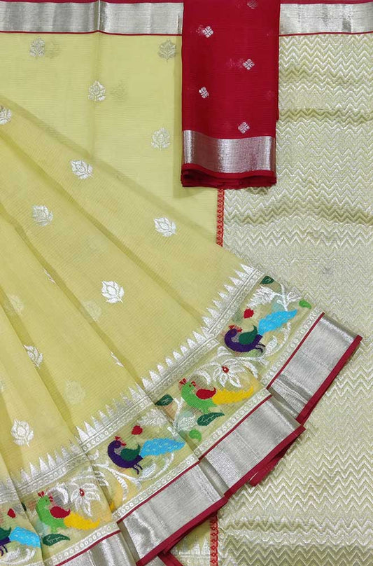 Yellow Handloom Kota Doria Real Zari Peacock Design Saree - Luxurion World