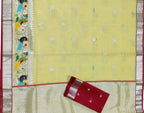 Yellow Handloom Kota Doria Real Zari Peacock Design Saree - Luxurion World