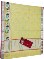 Yellow Handloom Kota Doria Real Zari Peacock Design Saree - Luxurion World