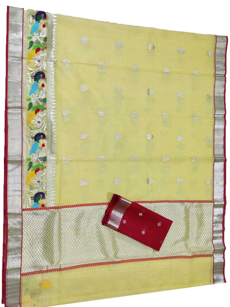 Yellow Handloom Kota Doria Real Zari Peacock Design Saree - Luxurion World