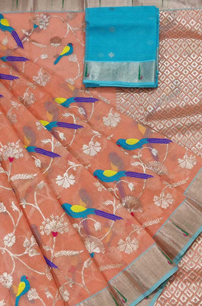Orange Handloom Kota Doria Real Zari Saree - Luxurion World
