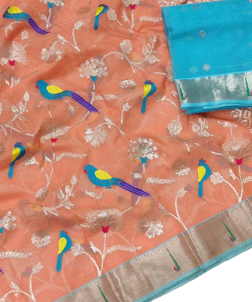 Orange Handloom Kota Doria Real Zari Saree - Luxurion World