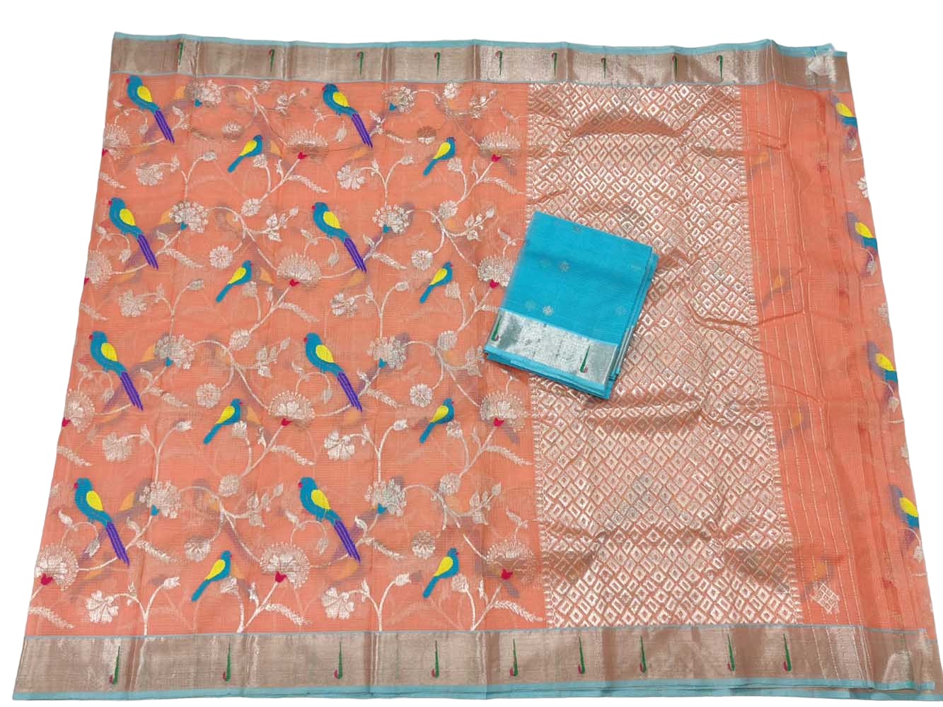 Orange Handloom Kota Doria Real Zari Saree - Luxurion World