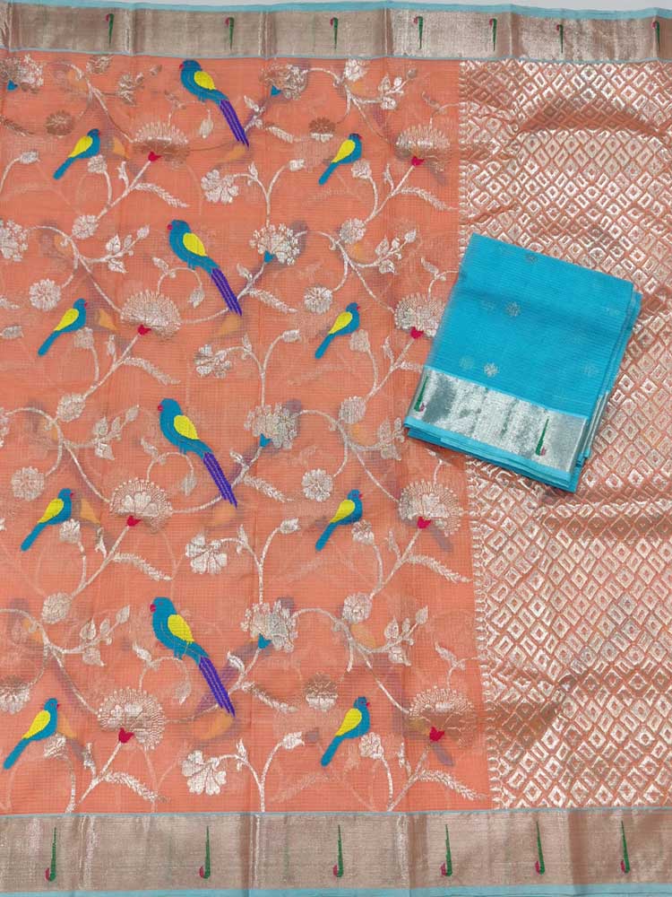 Orange Handloom Kota Doria Real Zari Saree - Luxurion World