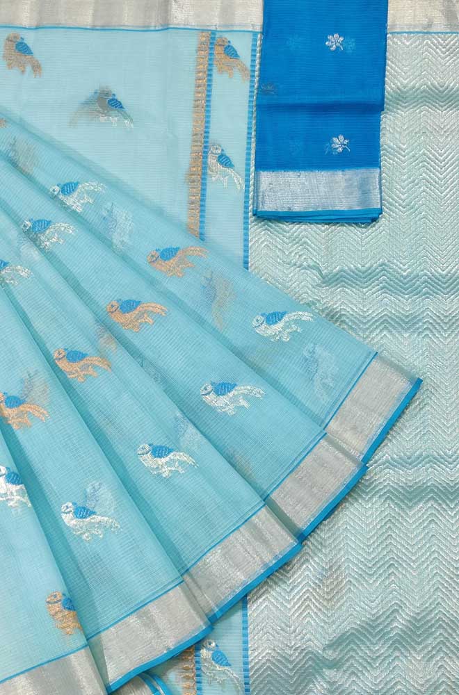 Blue Handloom Kota Doria Real Zari Saree - Luxurion World