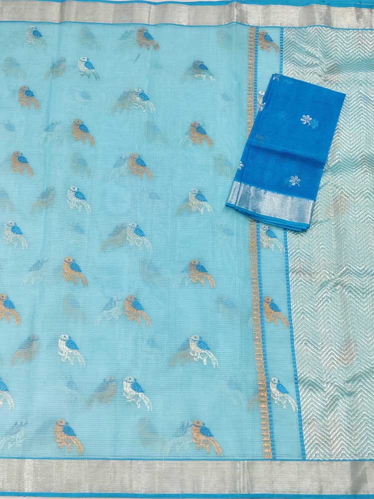 Blue Handloom Kota Doria Real Zari Saree - Luxurion World