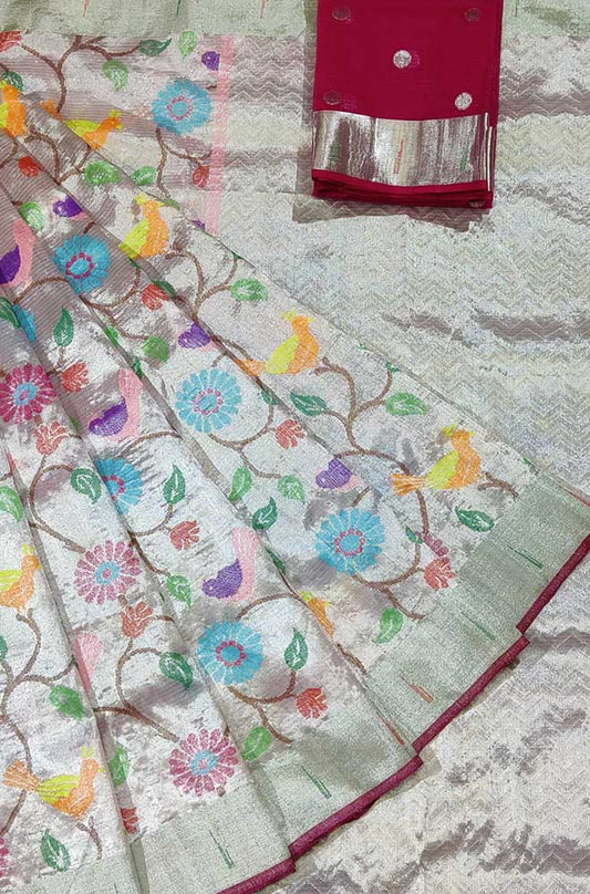 Silver Handloom Kota Doria Real Zari Saree - Luxurion World