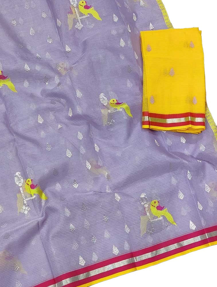 Purple Handloom Kota Doria Real Zari Saree - Luxurion World