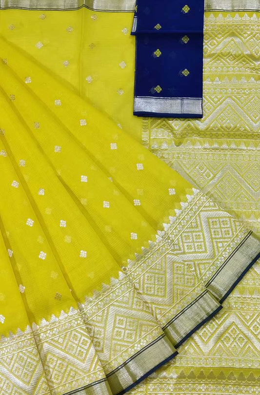 Yellow Handloom Kota Doria Real Zari Saree - Luxurion World