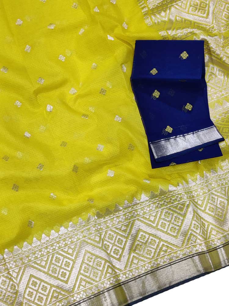 Yellow Handloom Kota Doria Real Zari Saree - Luxurion World