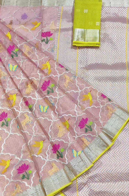 Pink Handloom Kota Doria Real Zari Saree - Luxurion World