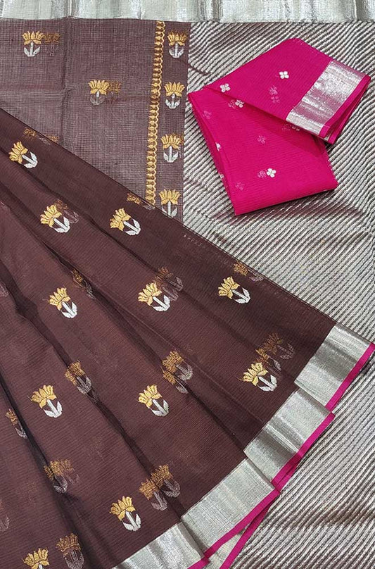 Brown Handloom Kota Doria Real Zari Saree - Luxurion World