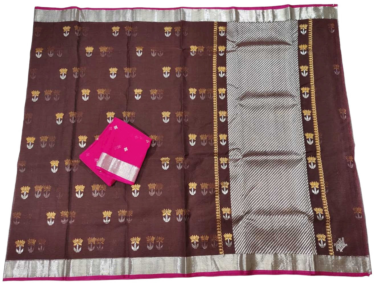 Brown Handloom Kota Doria Real Zari Saree - Luxurion World