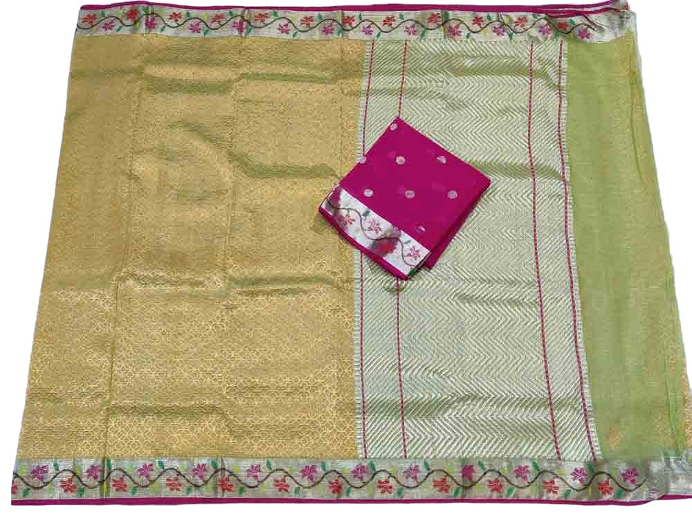Yellow Handloom Kota Doria Real Zari Flower Design Saree - Luxurion World
