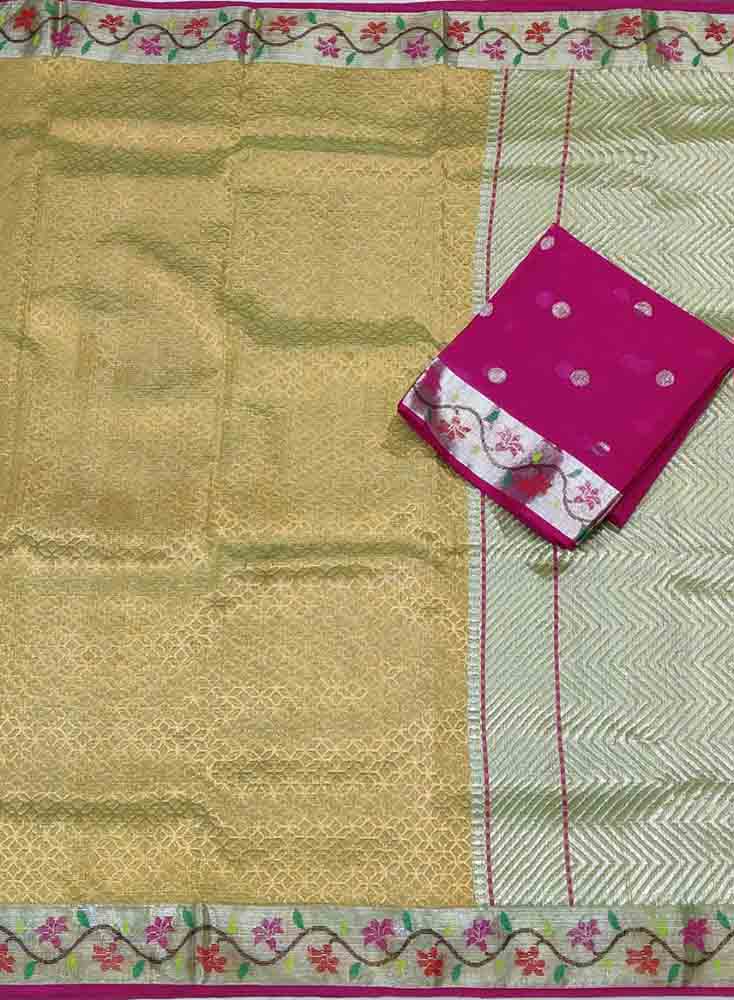 Yellow Handloom Kota Doria Real Zari Flower Design Saree - Luxurion World
