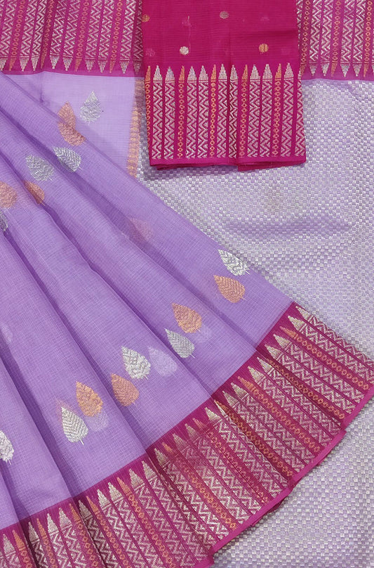Purple Handloom Kota Doria Real Zari Sona Roopa Saree - Luxurion World