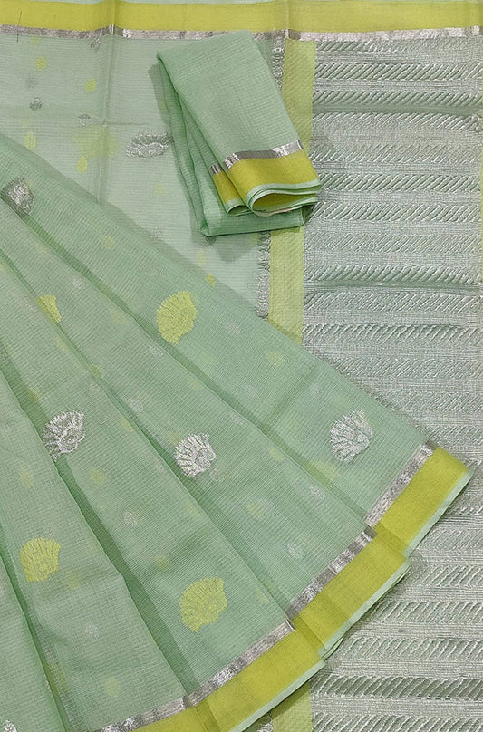 Green Handloom Kota Doria Real Zari Saree - Luxurion World