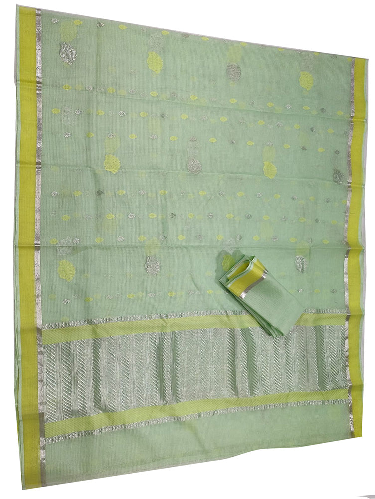 Green Handloom Kota Doria Real Zari Saree - Luxurion World