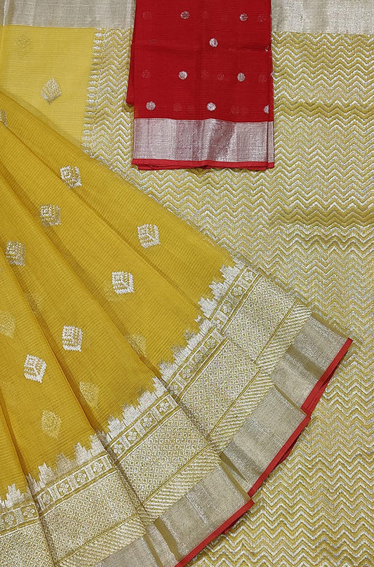 Yellow Handloom Kota Doria Real Zari Saree - Luxurion World