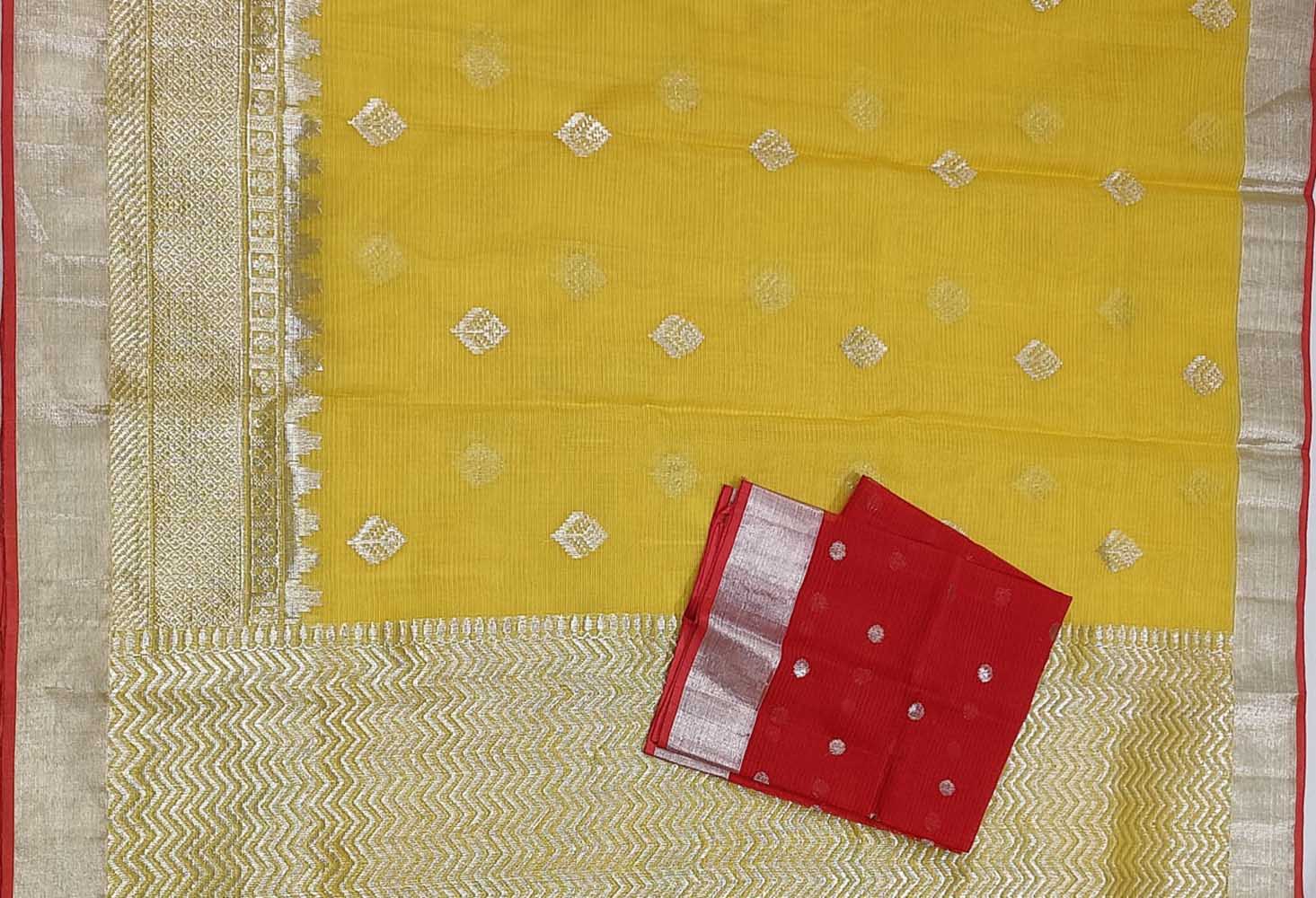 Yellow Handloom Kota Doria Real Zari Saree - Luxurion World