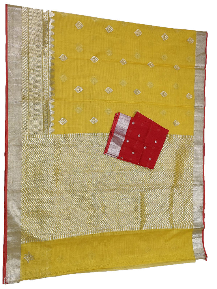 Yellow Handloom Kota Doria Real Zari Saree - Luxurion World