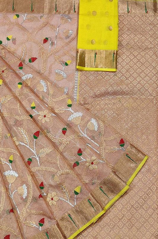 Pink Handloom Kota Doria Tissue Silk Real Zari Sona Roopa Meenakari Saree - Luxurion World