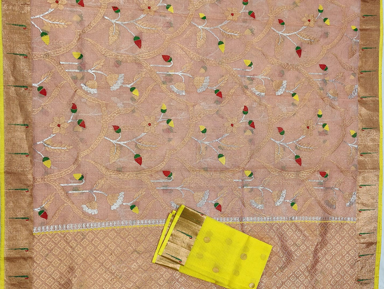 Pink Handloom Kota Doria Tissue Silk Real Zari Sona Roopa Meenakari Saree - Luxurion World