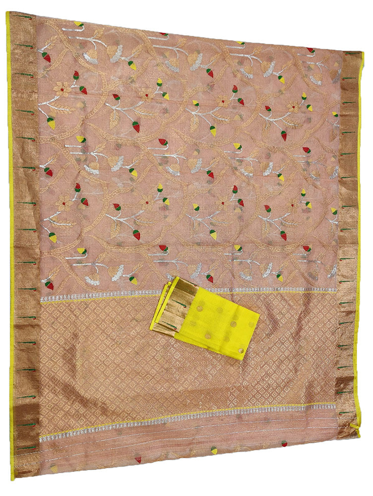 Pink Handloom Kota Doria Tissue Silk Real Zari Sona Roopa Meenakari Saree - Luxurion World