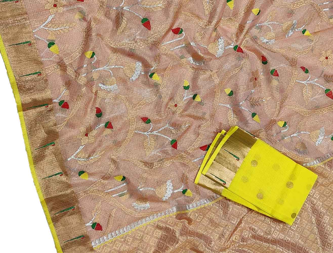 Pink Handloom Kota Doria Tissue Silk Real Zari Sona Roopa Meenakari Saree - Luxurion World